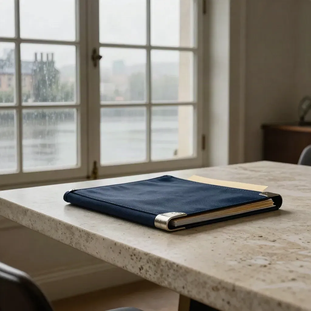 Rain-bright advisory folders beside a riverside meeting-room window over misty London roofs.