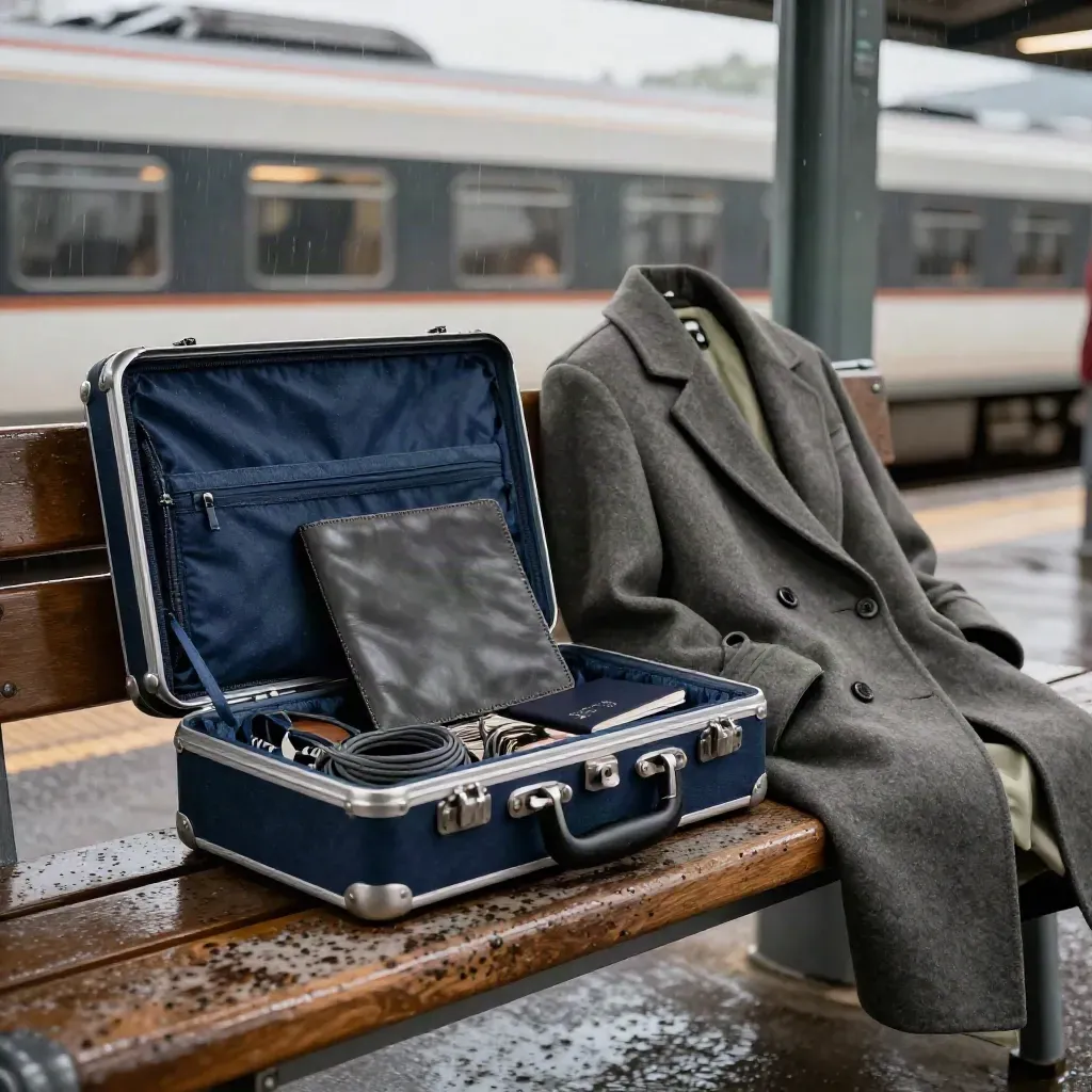 Travel case, presentation folio and folded coat on a rain-damp station bench.