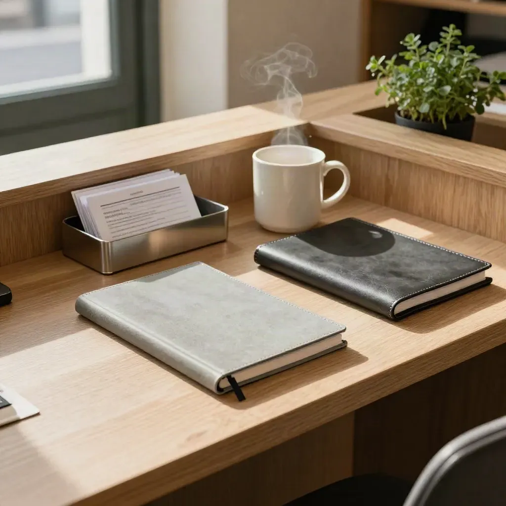 Shopfront consultation counter with mug, notebook, receipt tray, folio and herb in warm window light.