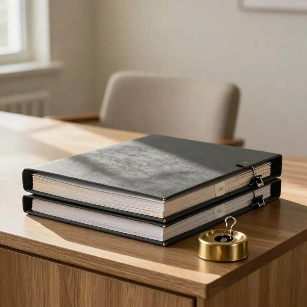 Consultancy brief pack with folders, clips and a brass paperweight on a sunlit sideboard.