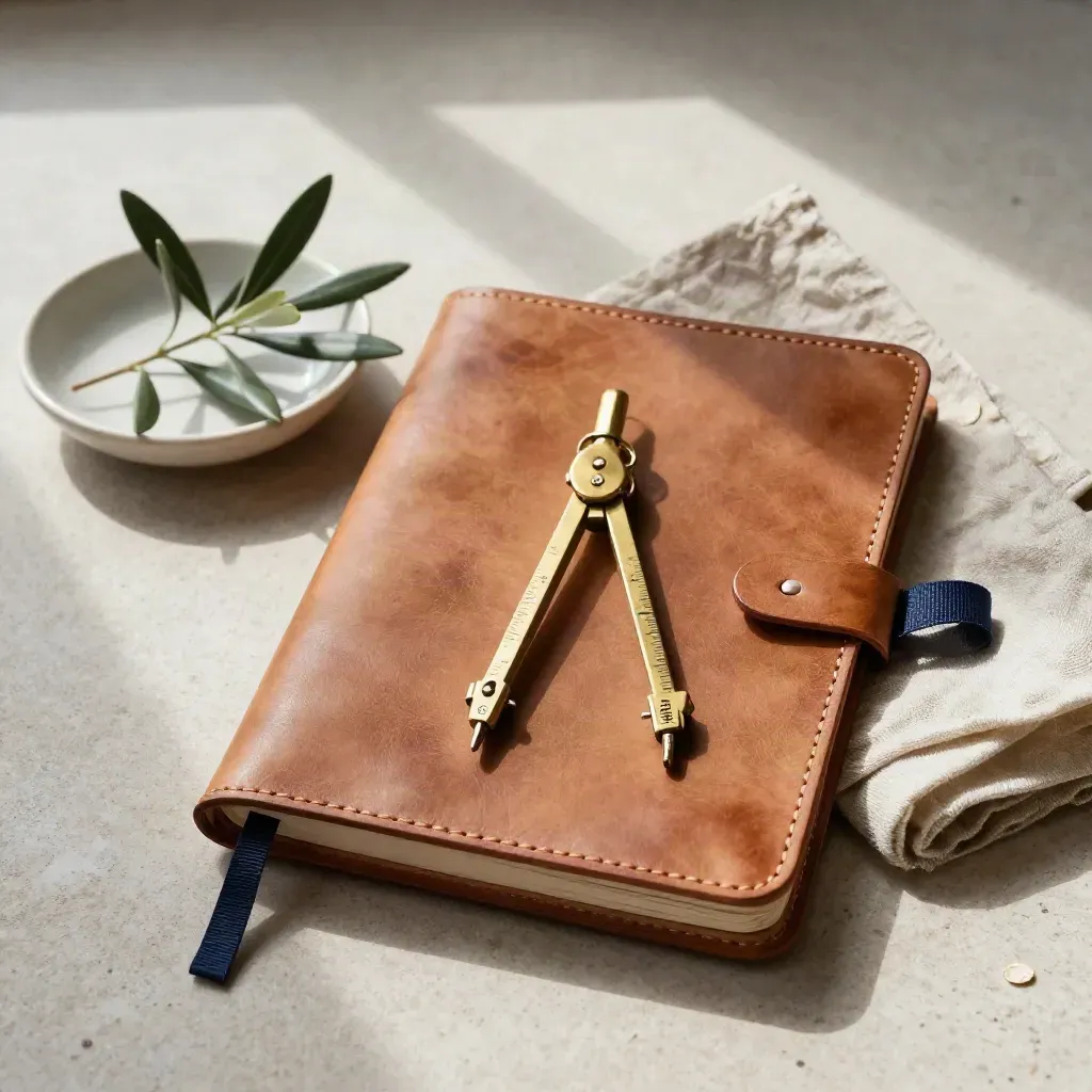 Brass compass on leather notebook with olive plant, linen cloth and navy ribbon on pale stone.