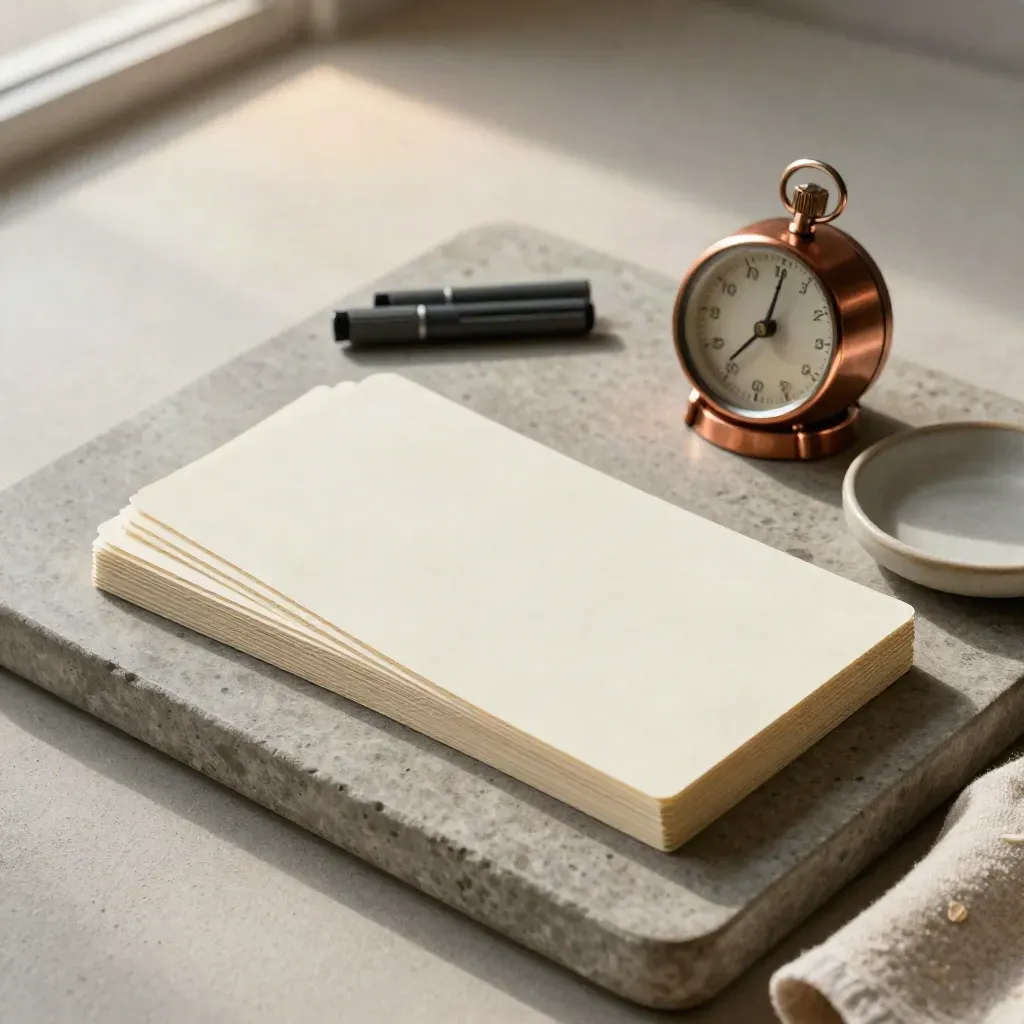 Overhead still-life of blank index cards, copper timer, marker caps and ceramic dish on stone tray.