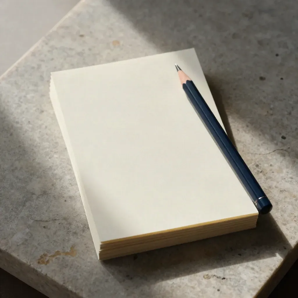 Pale advice notes stacked with a navy clip and slim pencil on a limestone slab.
