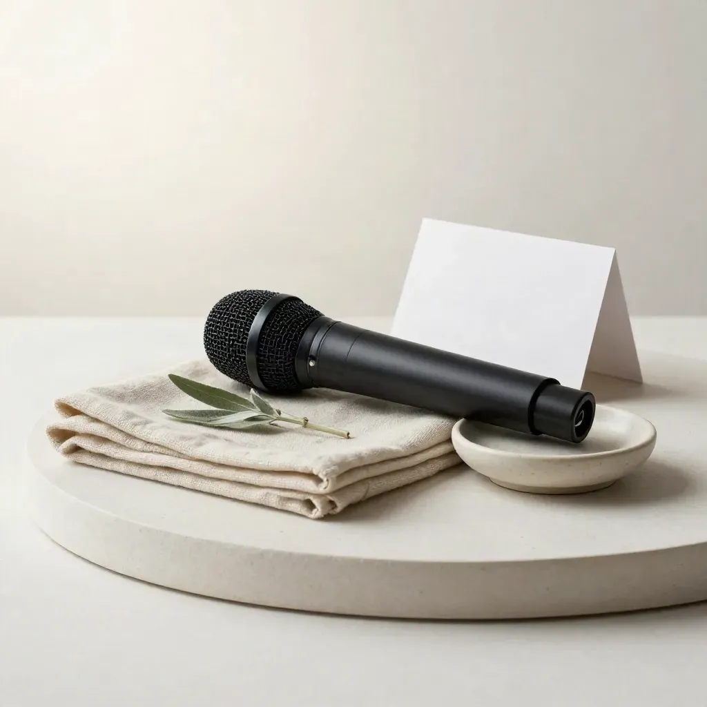 Microphone with linen, ceramic dish and sage stem on pale plaster with soft haze