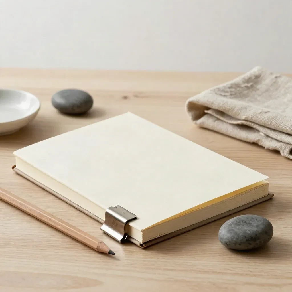 Closed memo booklet with clips, pencil and paperweight on pale wood.