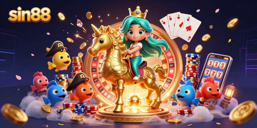 Experience the thrill of sin88 with a vibrant mermaid princess and seahorse in a casino treasure scene.