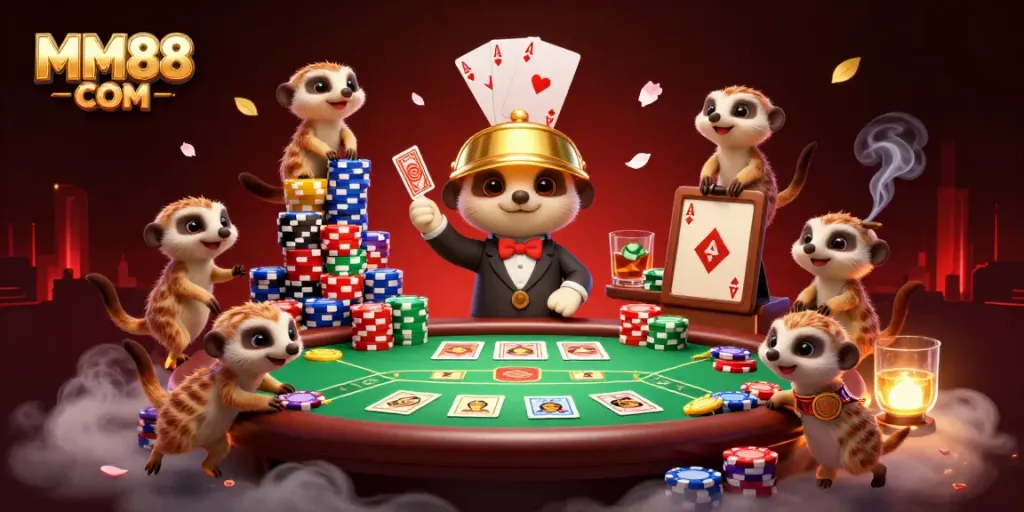 Experience MM88 COM's lively meerkat casino with colorful chips and community poker cards.