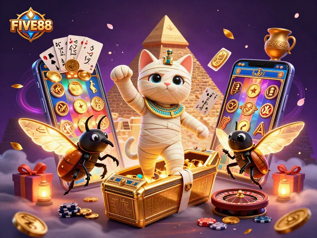 Experience the excitement at FIVE88 with a vibrant casino scene featuring a mummy cat, glowing scarab, and thrilling games!