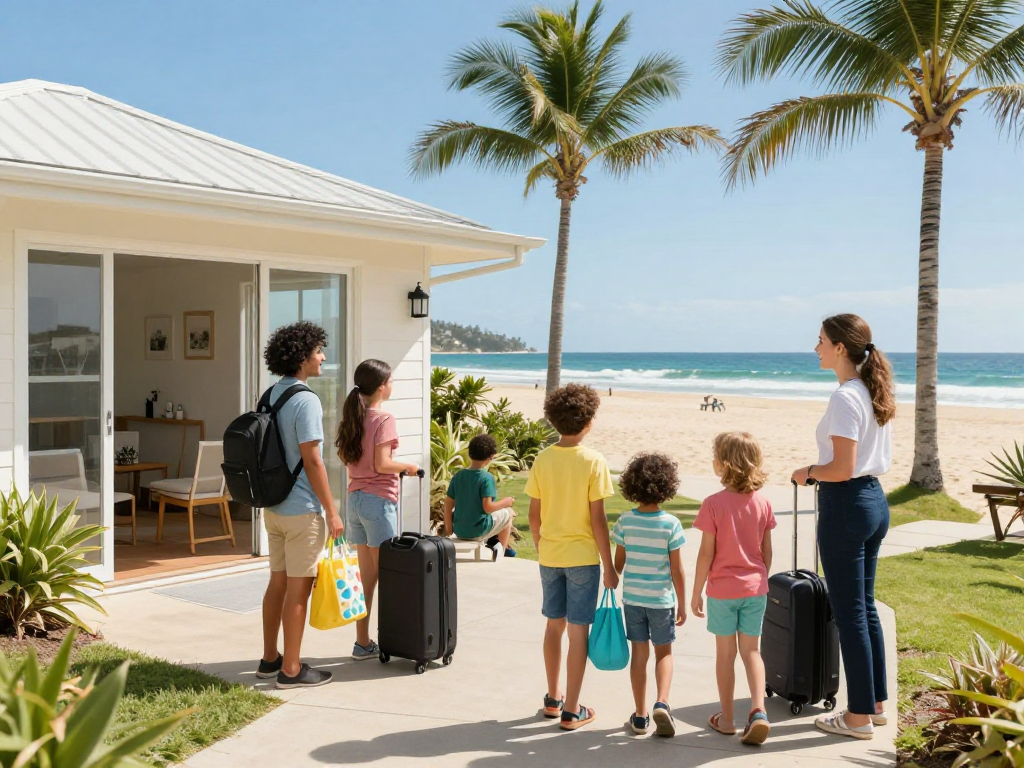 Professional Airbnb management in Gold Coast, welcoming guests to a beachfront rental with a friendly manager.