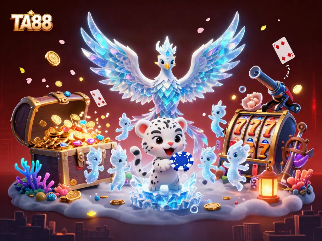 Experience TA88's vibrant gaming atmosphere with a 3D phoenix amidst a dazzling casino scene.