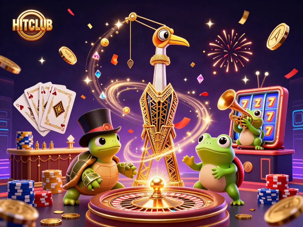 Win big with HITCLUB as golden coins and gems fly around a vibrant casino scene.
