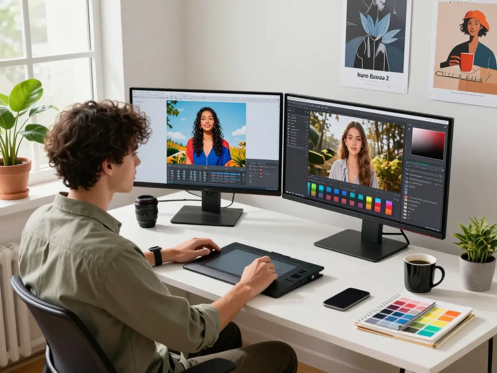 Dynamic digital workspace illustrating Nano Banana 2's image editing capabilities with vibrant AI visuals.