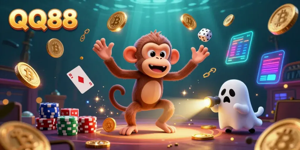 Experience the thrill of entertainment with a vibrant QQ88 casino scene featuring dynamic characters and glowing elements.
