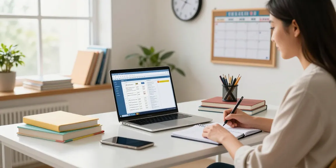 A teacher using EMStudio's online teacher planner at a modern desk, showcasing organized lesson planning and classroom management activities.