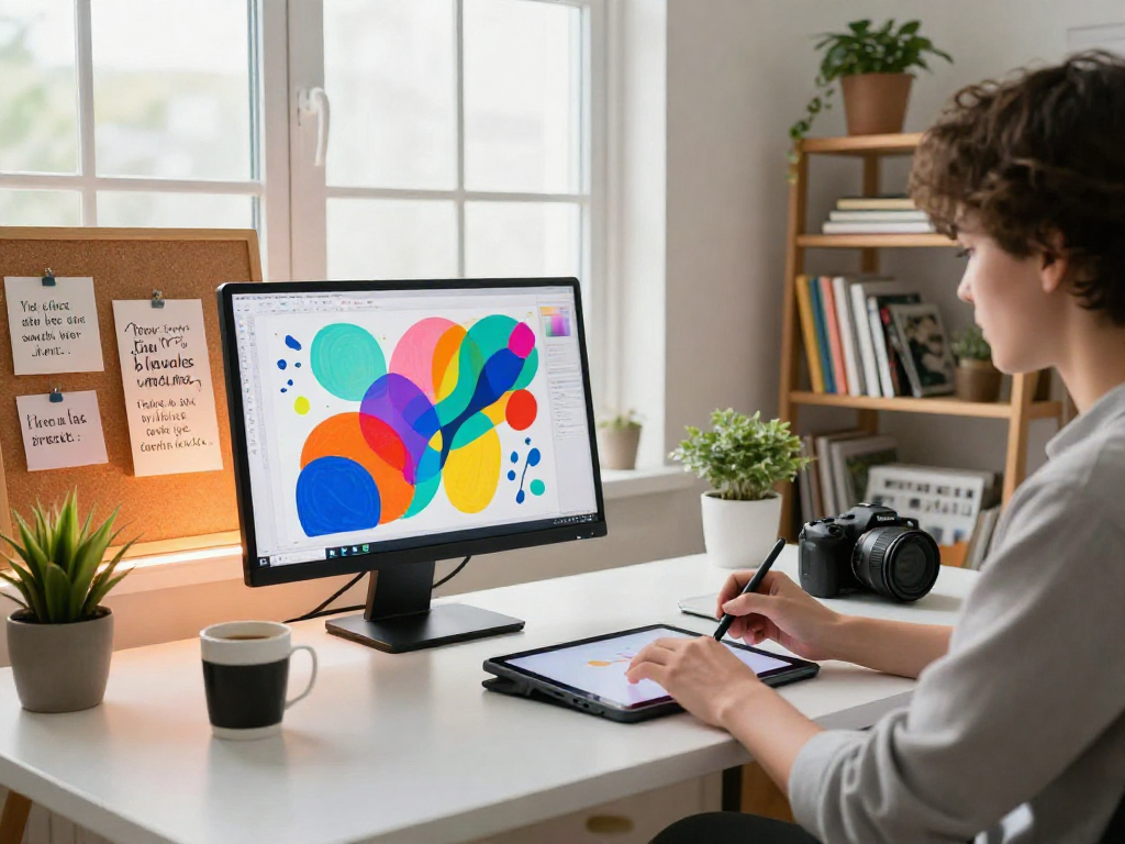 Create stunning AI NSFW artwork in a vibrant home office environment featuring digital art tools.