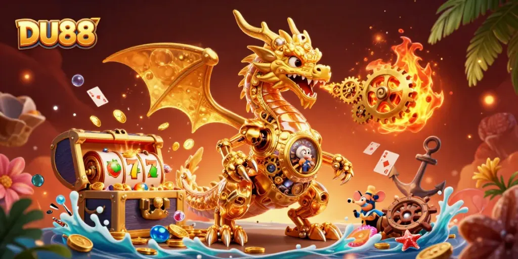 Engage with DU88's thrilling gaming experience featuring vibrant slot elements and a dragon!
