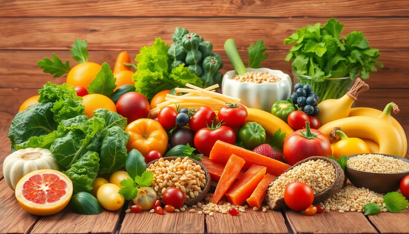 Vibrant healthy food spread featuring fruits, greens, and grains for nutritious meals.