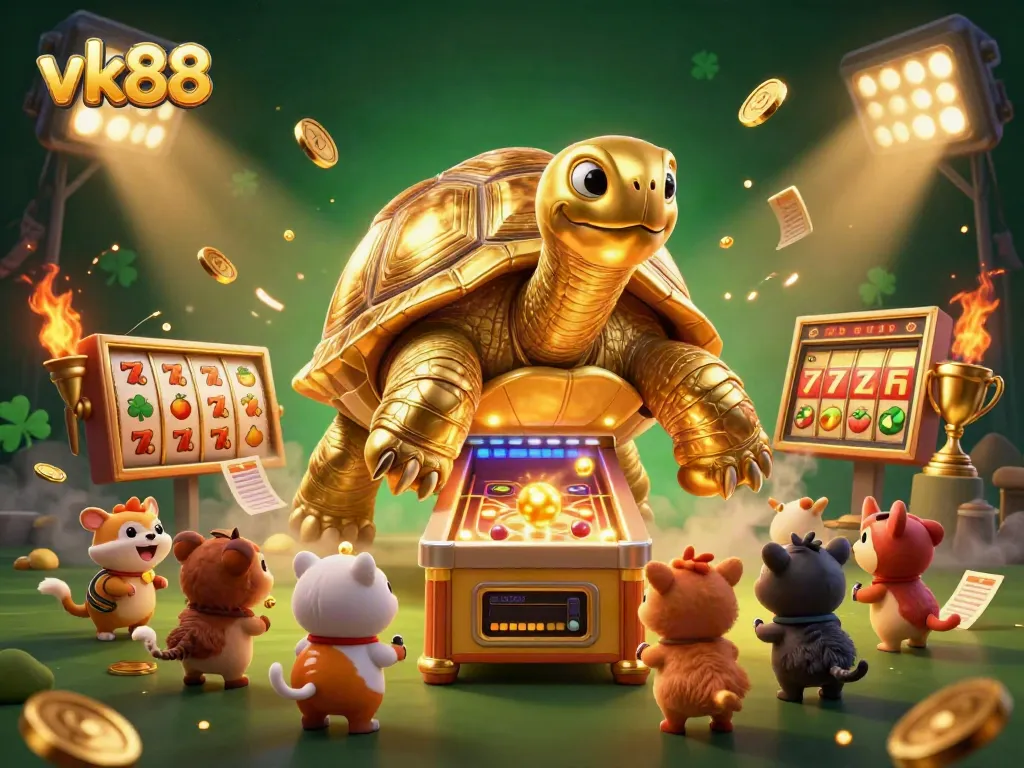 Experience the excitement of vk88 with a lively slot game scene featuring a golden tortoise pinball machine.