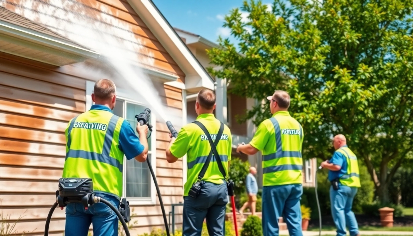 Professional team providing soft wash services for a home in Kissimmee, Florida, showing vibrant cleaning results.
