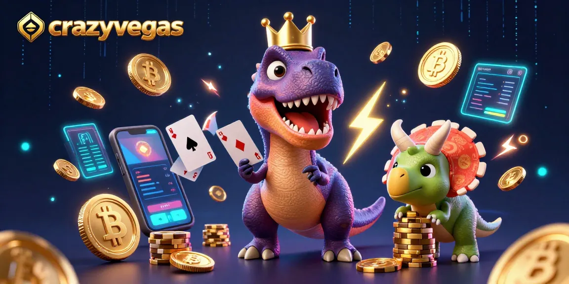 Action-packed scene featuring a friendly T-Rex and friends playing poker, crazyvegas style.