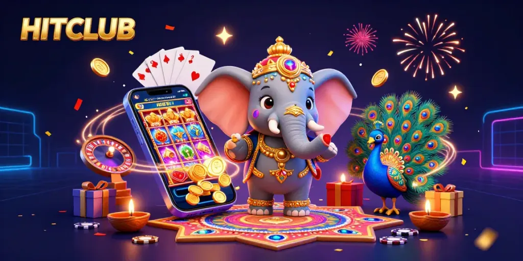 Engage with HITCLUB's vibrant online gaming scene, showcasing exciting 3D slot games and colorful festive elements.