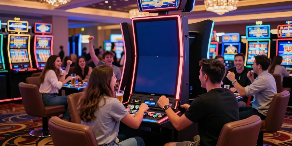 Players celebrating around slot machines not on Gamstop in a vibrant casino.