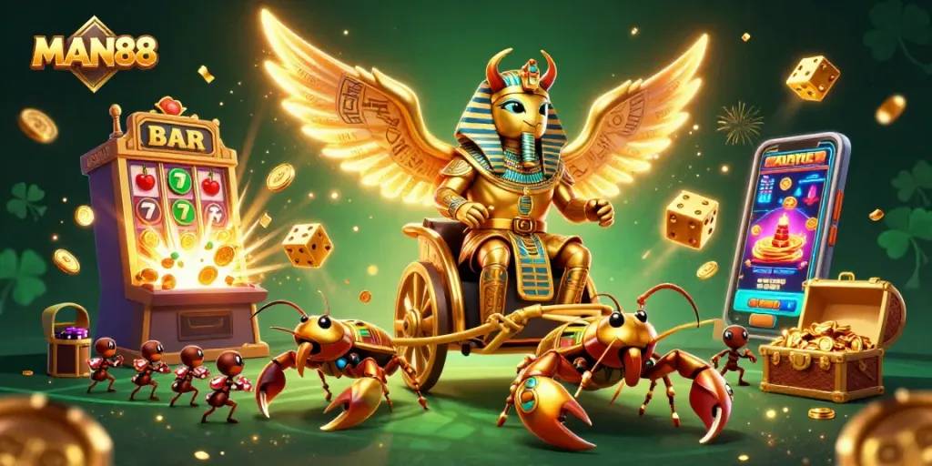 Join the exciting world of gambling with MAN88, where animated characters reveal casino thrills amidst golden treasures.