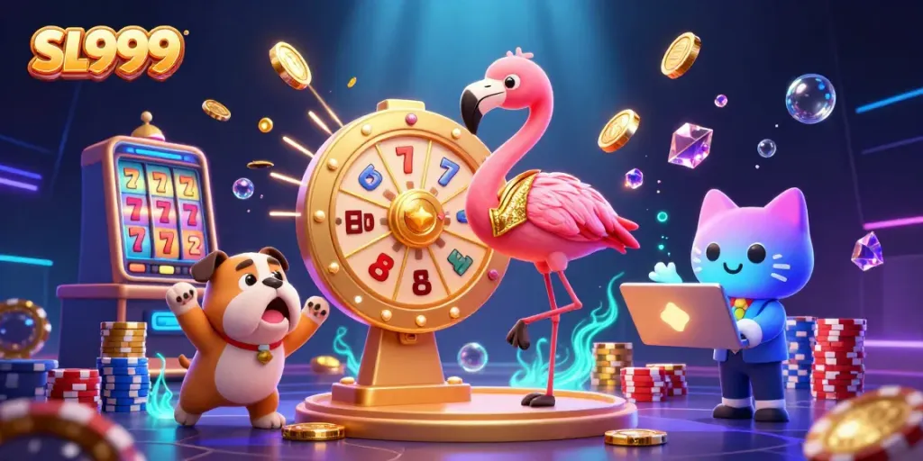 Experience excitement with SL999 in a vibrant casino scene featuring a flamingo host, bulldog contestant, and animated prizes.