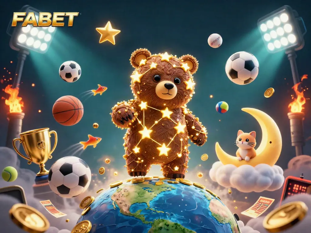 Engage with FABET's thrilling betting experience as a constellation bear reaches for coins.