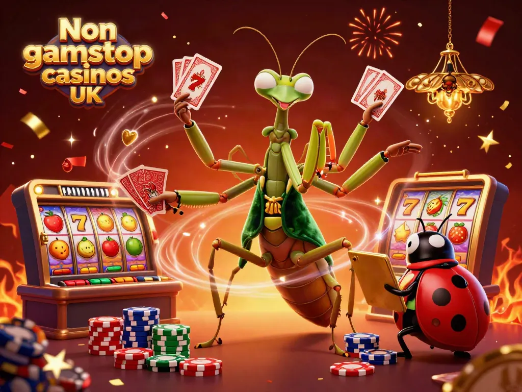Engage with Non gamstop casinos UK in a vibrant 3D scene of a mantis dealer, ladybug pit boss, and slot reels.
