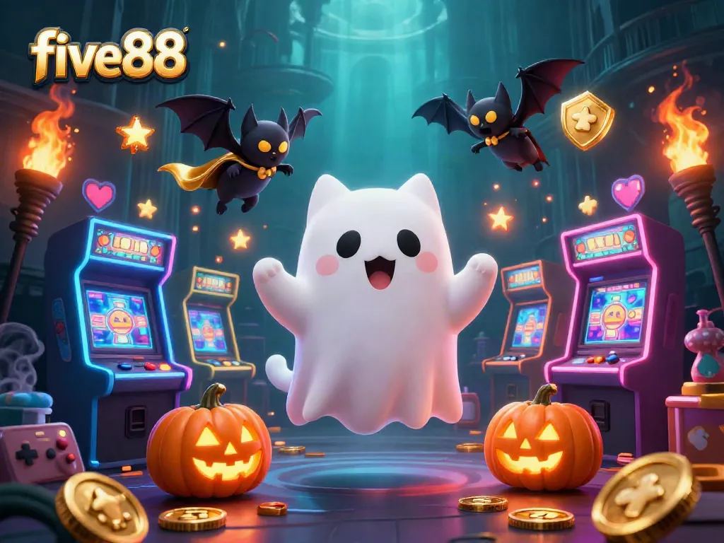 Engage in thrilling gaming adventures at five88 with a lively scene showcasing a cheerful ghost cat and a bat in a haunted casino.