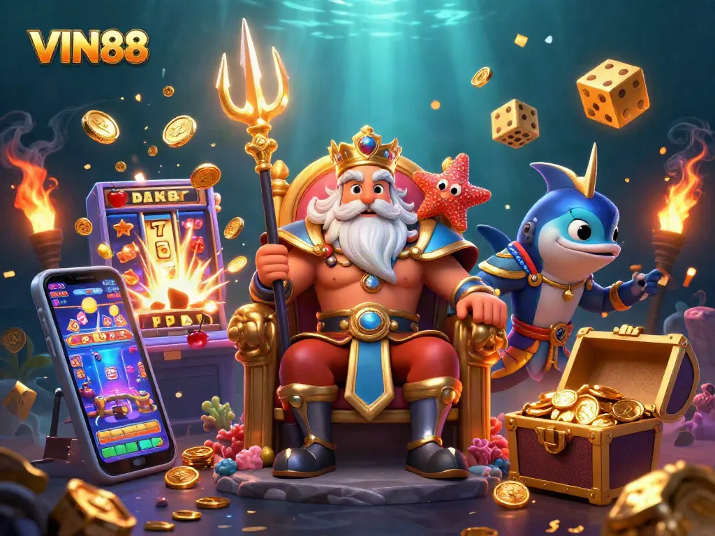 Experience the excitement of VIN88 with a colorful jackpot explosion and vibrant casino elements in a dynamic underwater scene.