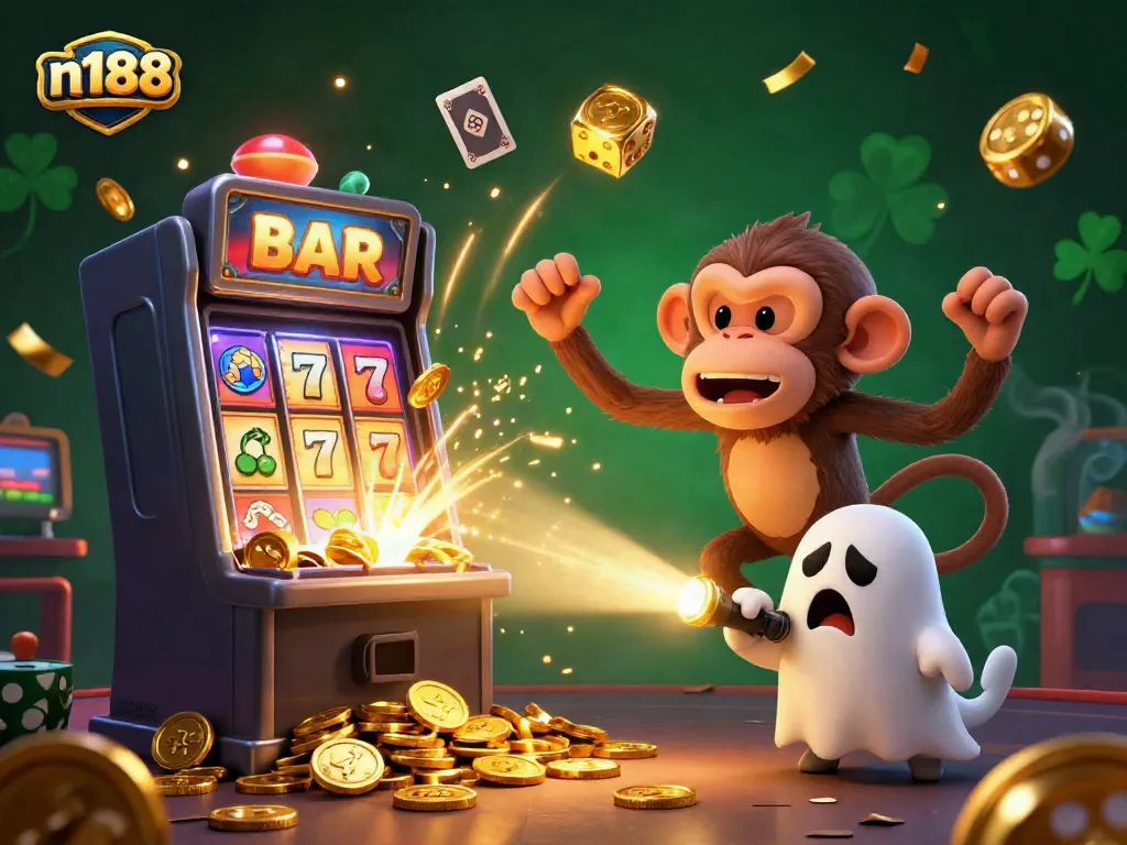 Engage in n188 casino excitement as poltergeist monkey and ghost-hunter puppy create an enchanting jackpot scene.
