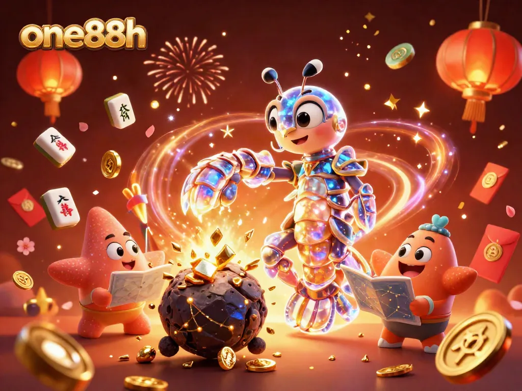 Engage with one88h as a galactic samurai shrimp punches through asteroids showering gems and coins in a vibrant casino scene.