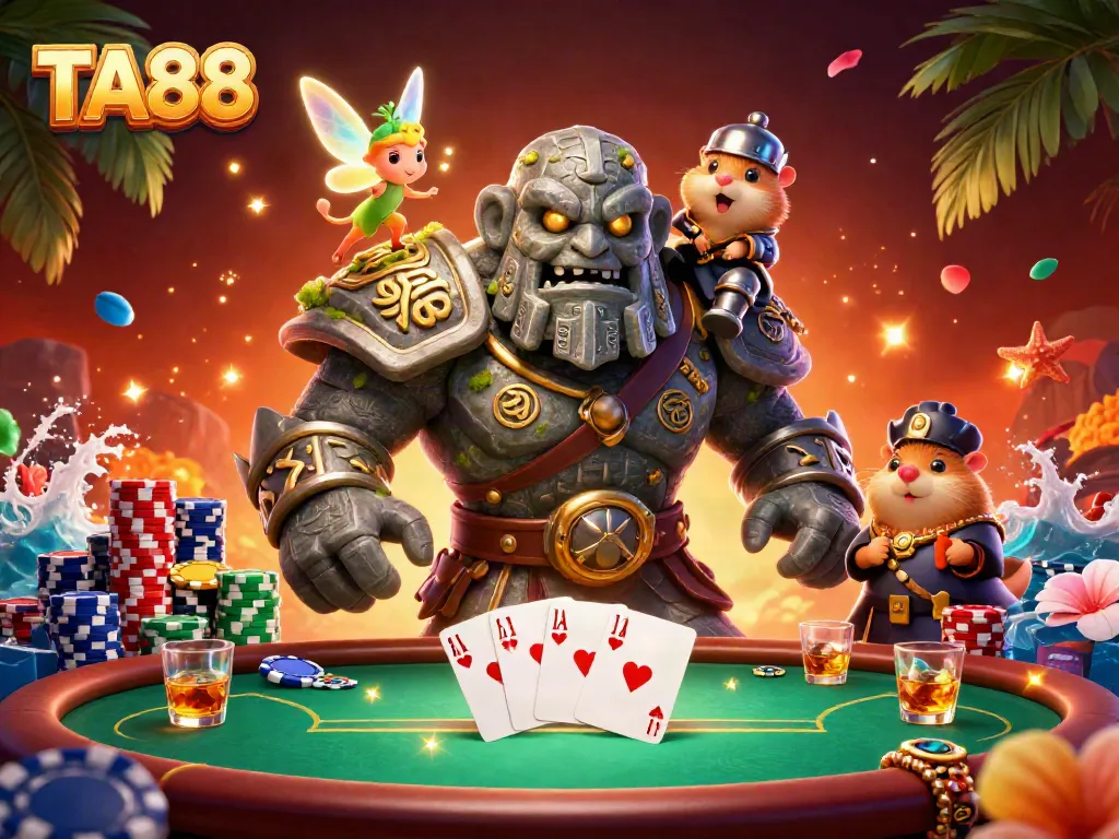 Engage with TA88's vibrant casino scene featuring a magical golem, fairy, and poker action.