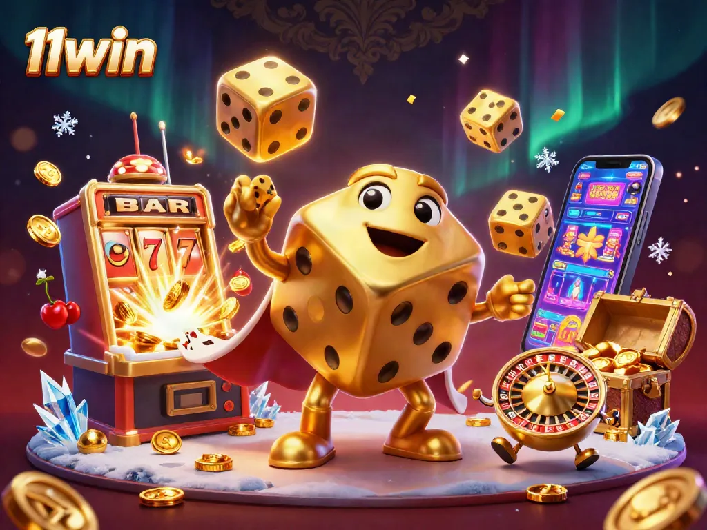 Experience thrilling gaming with 11win's vibrant illustration of a golden dice golem and jackpot elements.