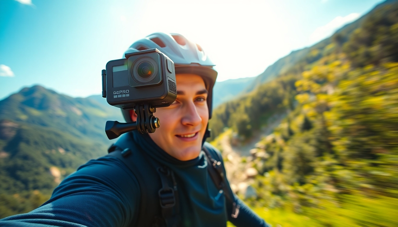 Adventurer using an action camera in a vibrant mountain landscape