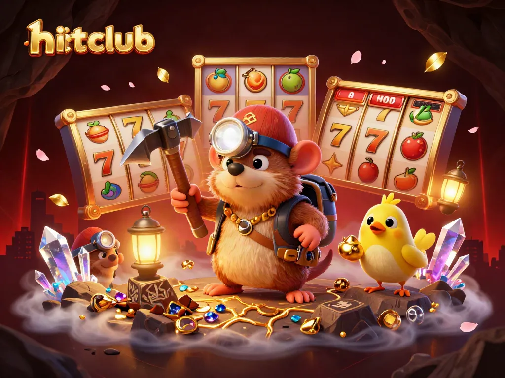 Hitclub showcases an exciting casino scene with treasure hunters mining golden deposits and dynamic slot elements.