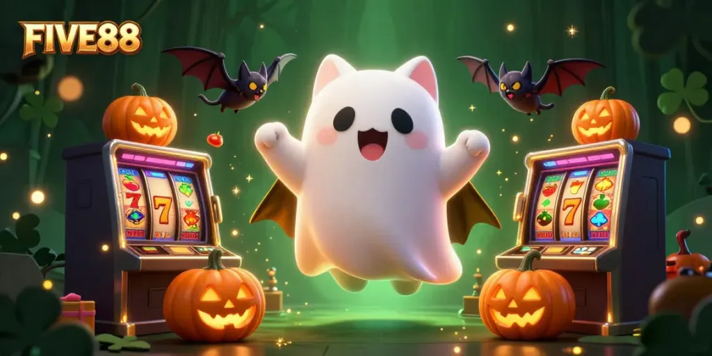 FIVE88 offers an exciting experience with a ghost cat in a vibrant casino scene, interacting with floating jackpot elements.