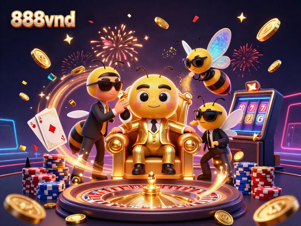 Experience the thrill of 888vnd's gaming scene with dynamic characters and vibrant casino elements.