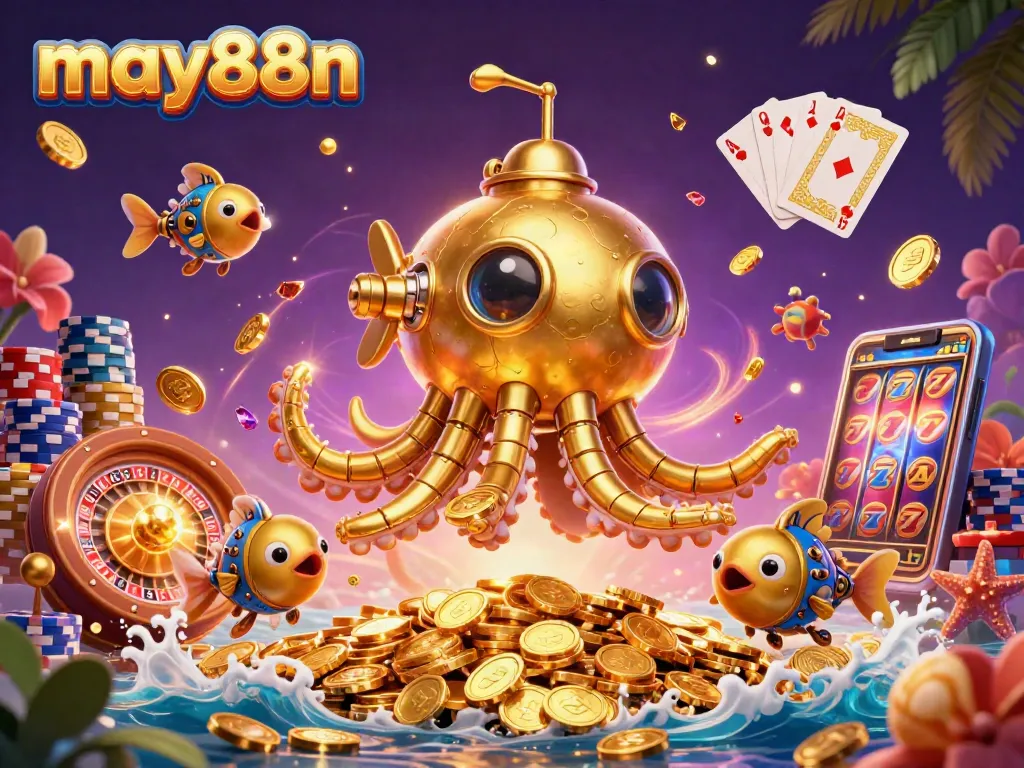 Immerse in may88n's thrilling gaming universe as a golden kraken submarine navigates golden coins.