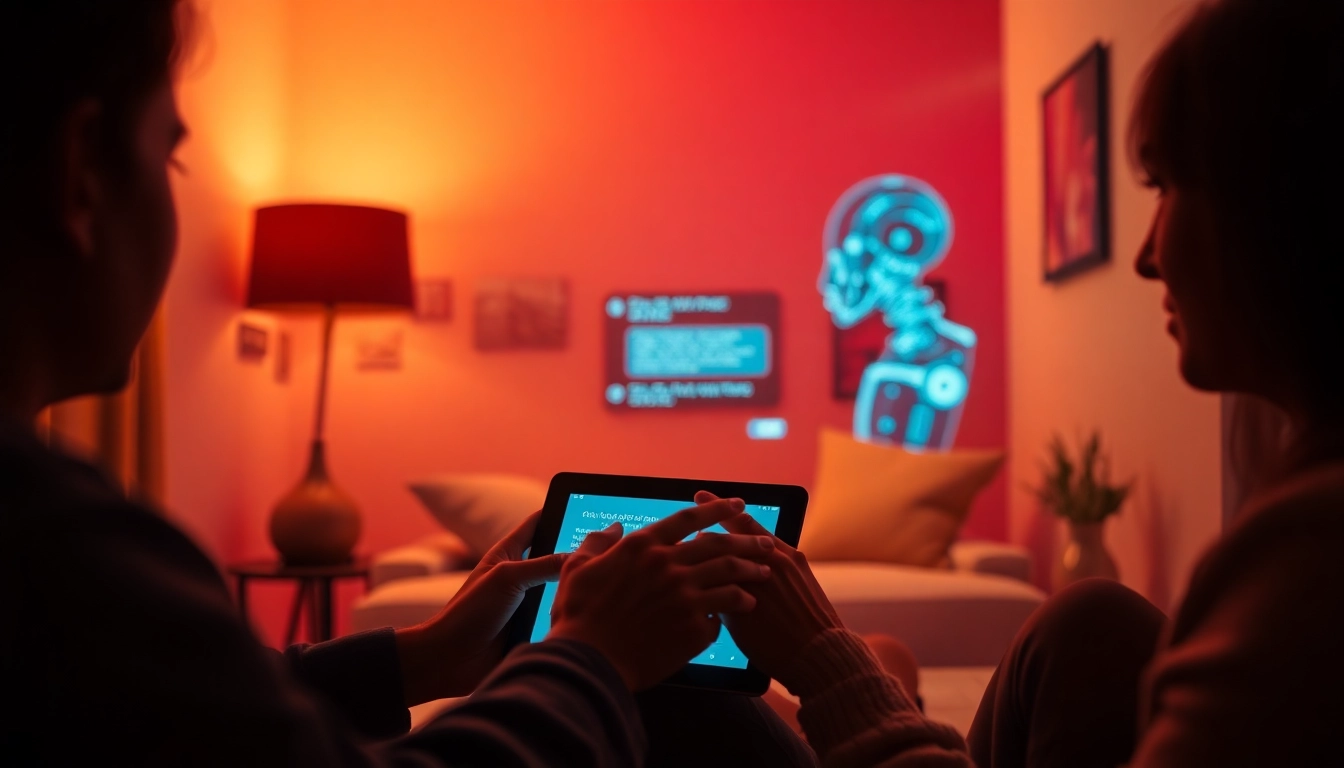 Engaging in ai sex chat within a cozy, modern setting, showcasing an intimate connection with AI companions.