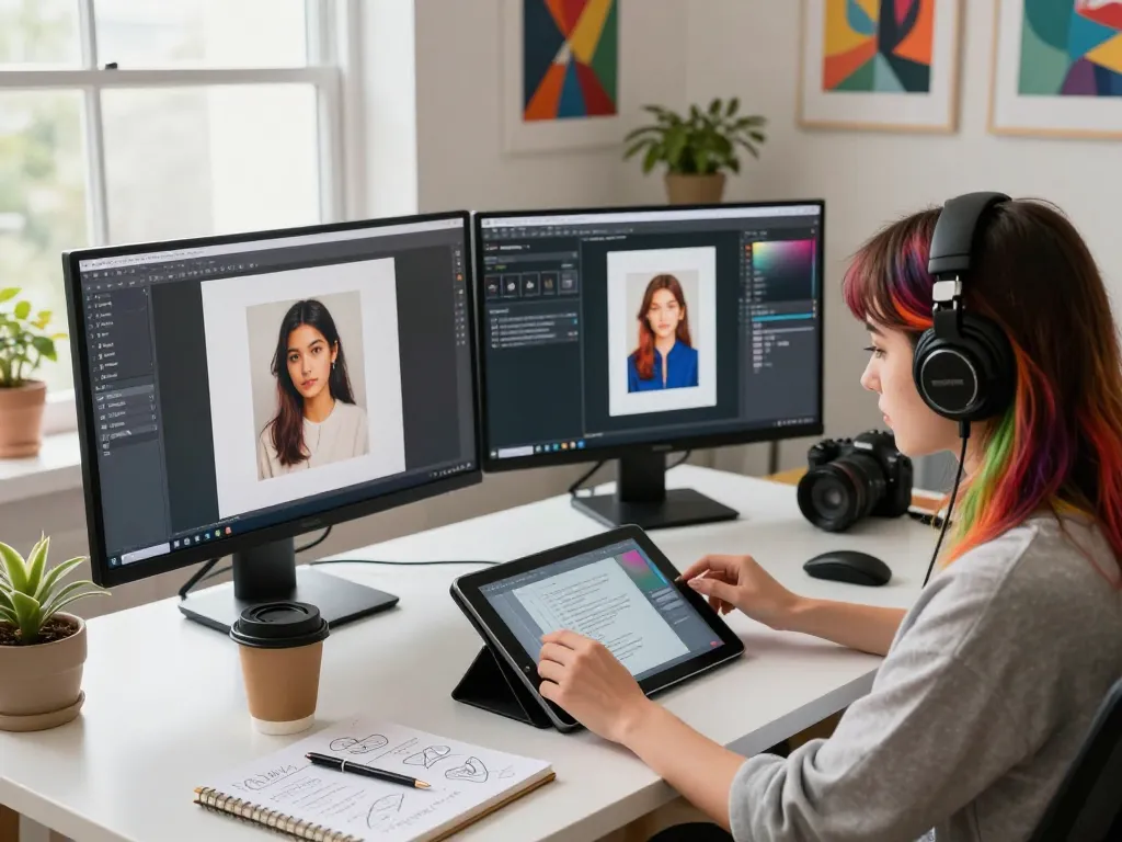 Using an image to prompt generator, a digital artist creates innovative AI prompts in a modern workspace.