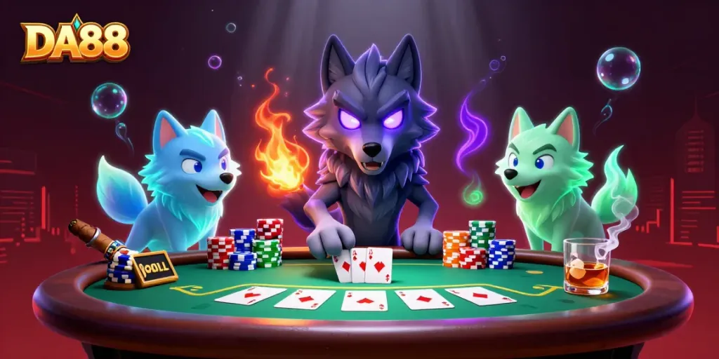 Experience thrilling poker action with DA88, featuring ghostly wolves and vibrant casino elements.