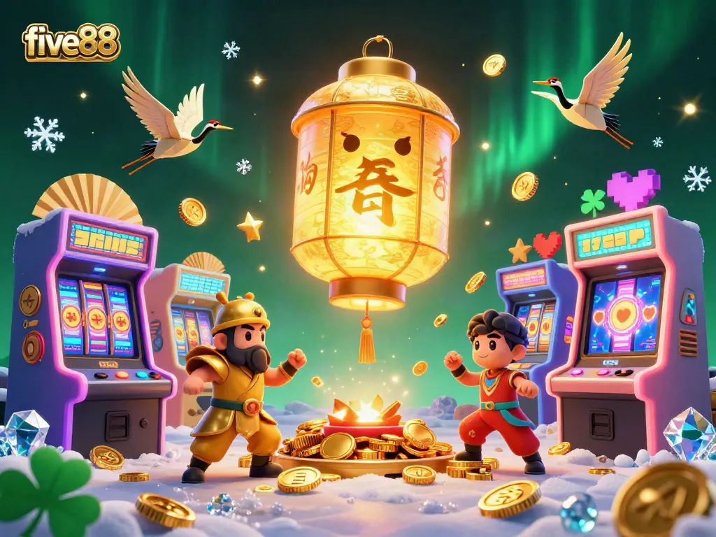 Players immerse in a vibrant five88 casino scene with a glowing lantern spirit and arcade machines.
