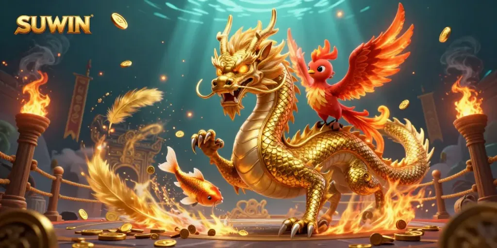 Suwin's festive illustration shows a golden dragon, phoenix, and koi fish amidst vibrant casino elements.