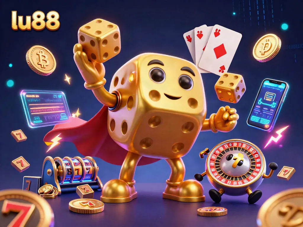 Experience fun at LU88 with golden dice characters and vibrant casino elements.