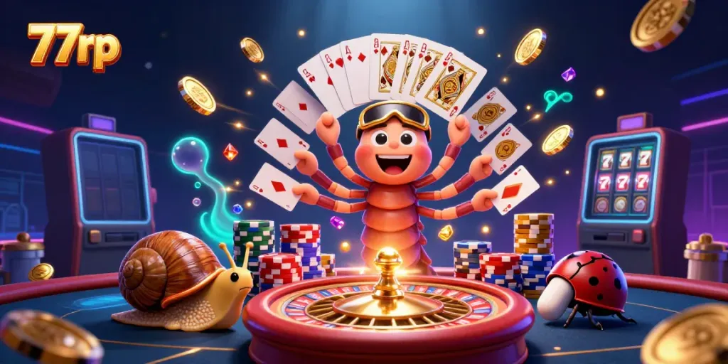 Experience 77rp's lively gameplay with colorful characters and casino elements in an exciting 3D scene.