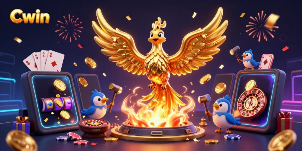 Experience the excitement at Cwin with exhilarating golden gaming imagery and vibrant casino elements.
