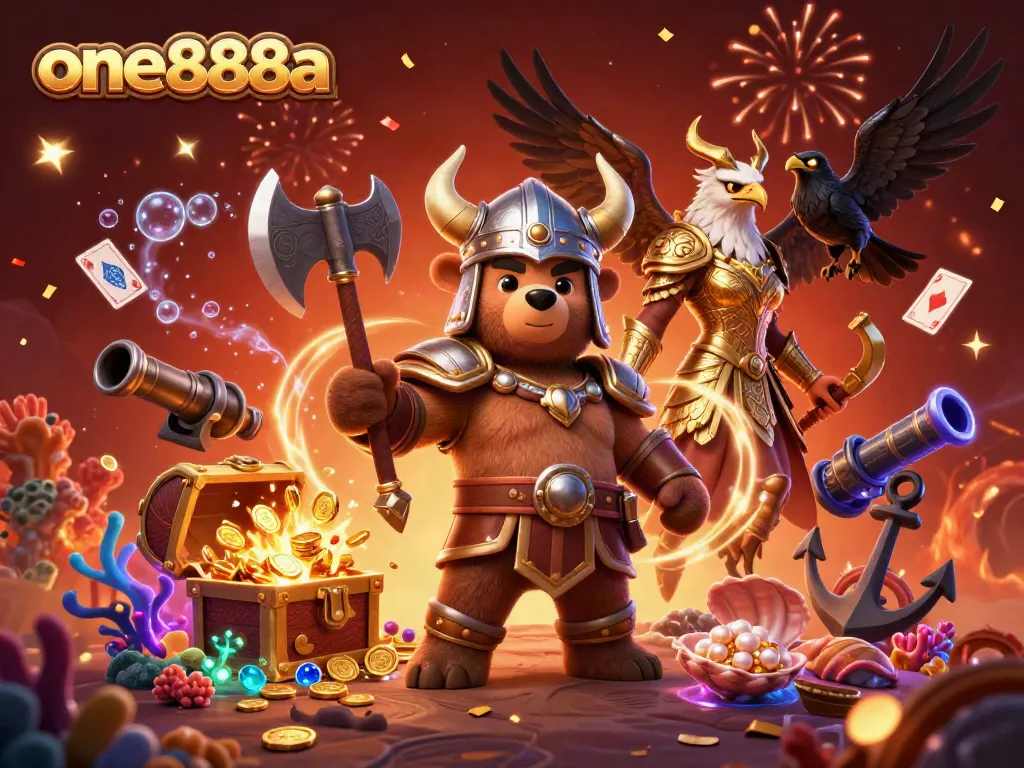 Experience thrilling gaming with one888a's Viking bear and Valkyrie in a vibrant casino adventure.